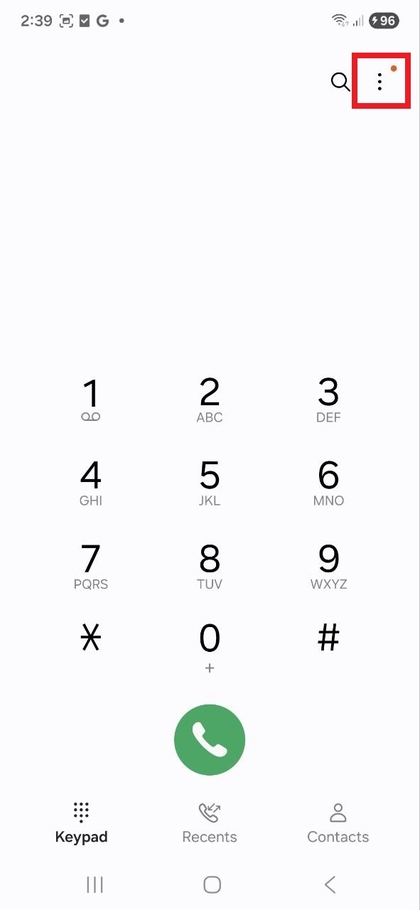 More button in the Phone app on Samsung Galaxy S25 FE