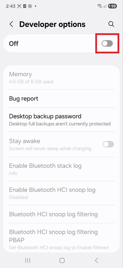 Disabilitazione delle opzioni sviluppatore