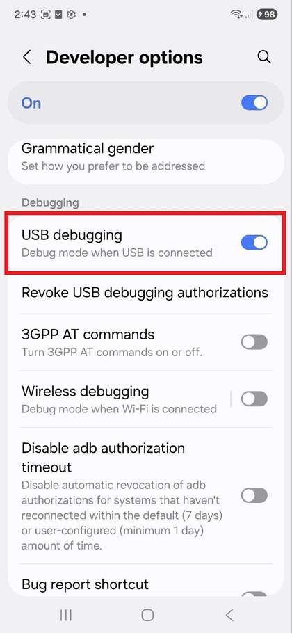 Opzione di debug USB