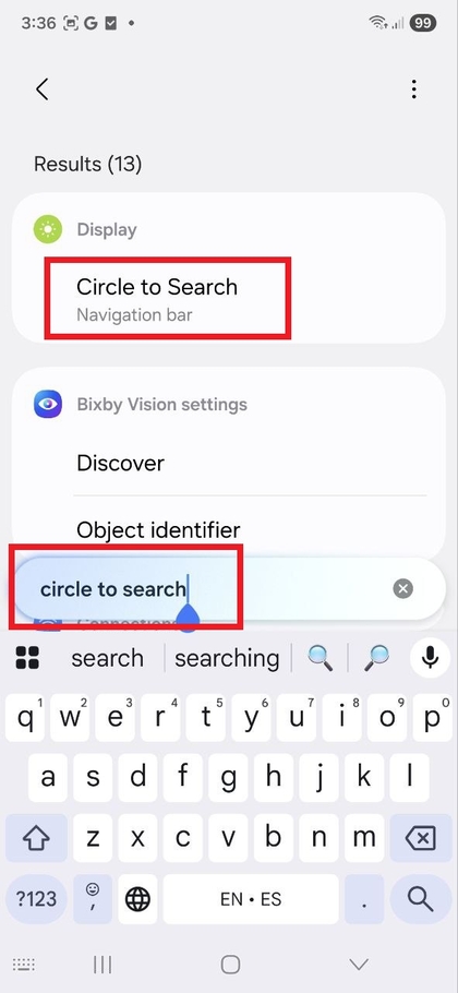 Search settings menu on Galaxy S25 FE