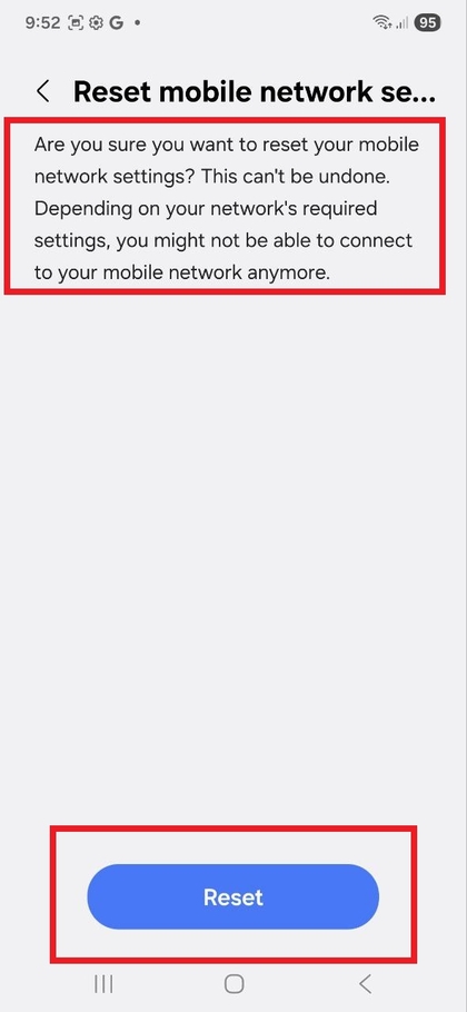 Сообщение с подтверждением после сброса сетевых настроек на Samsung Galaxy S25 FE