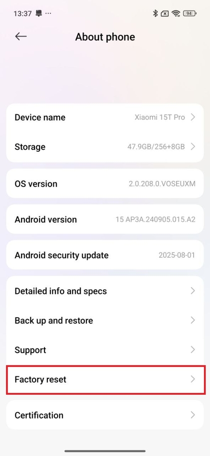 Koraci za tvorničko resetiranje Xiaomi 15T Pro putem postavki