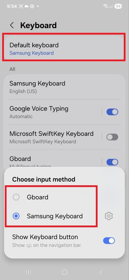 Numatytosios klaviatūros pasirinkimo ekranas Samsung Galaxy S25 FE