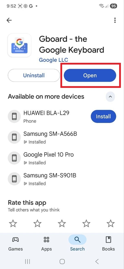 Google Play parduotuvės programa, rodanti klaviatūros diegimą