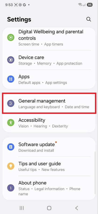 Nustatymų meniu Samsung Galaxy S25 FE, i&scaron;ry&scaron;kinantis Bendrojo valdymo parinktį
