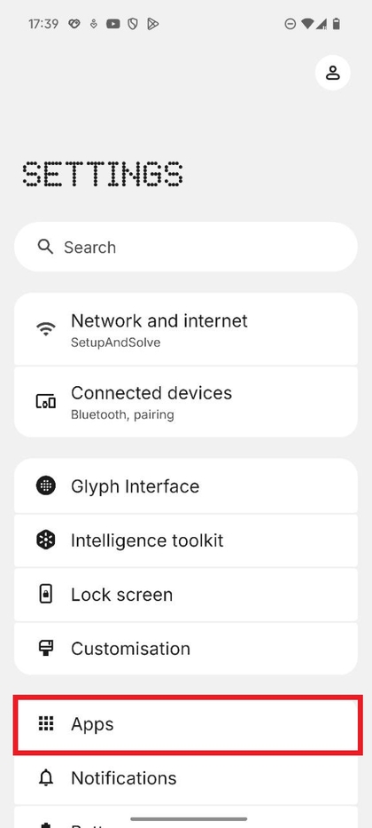 Captura de pantalla del men&uacute; de configuraci&oacute;n que destaca la opci&oacute;n de aplicaciones