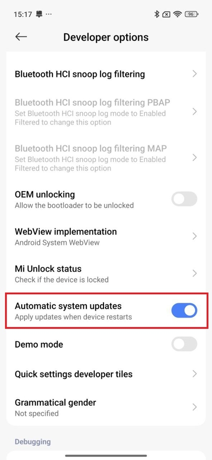 Interruttore degli aggiornamenti automatici del sistema