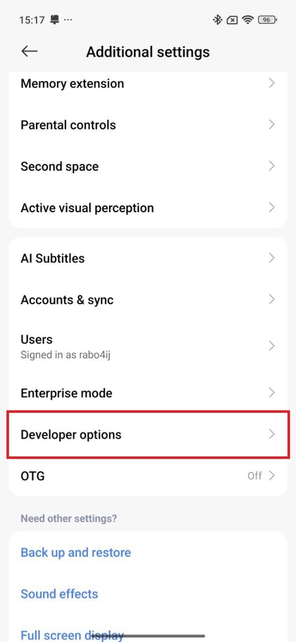 Opzioni sviluppatore in Impostazioni aggiuntive