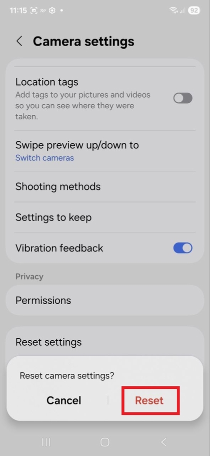 Prompt de confirma&ccedil;&atilde;o para redefinir as configura&ccedil;&otilde;es
