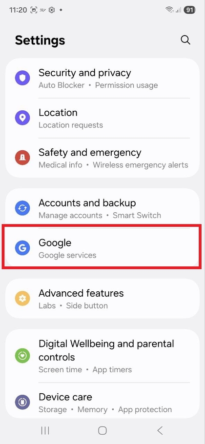 Samsung Galaxy S25 FE телефонындағы Google параметрлеріне кіру