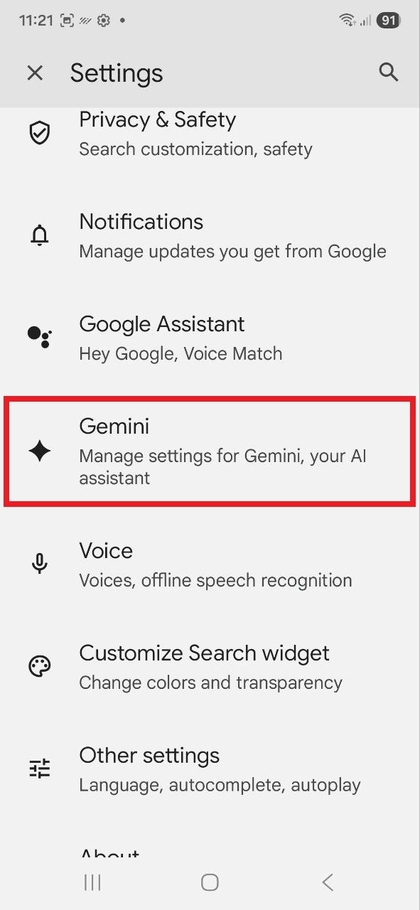 Телефондағы Gemini параметрлерінің беті