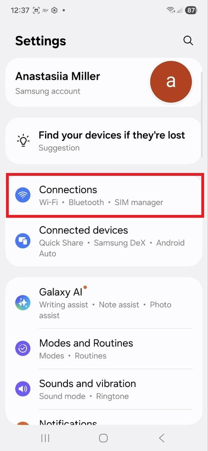 Menu Conex&otilde;es no Samsung Galaxy S25 FE