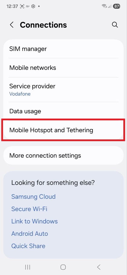 Configura&ccedil;&otilde;es de Ponto de acesso m&oacute;vel e tethering no Samsung Galaxy S25 FE