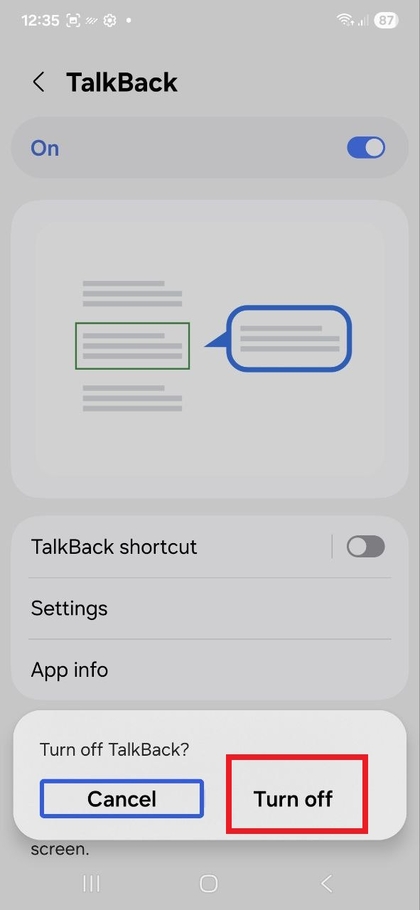Potvrzovac&iacute; dialog pro vypnut&iacute; TalkBack
