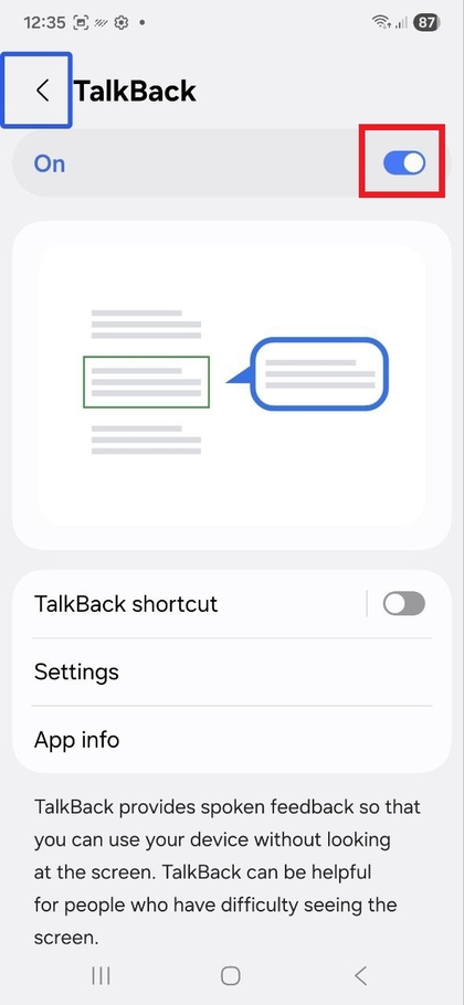 Přep&iacute;nač pro zapnut&iacute; nebo vypnut&iacute; TalkBack