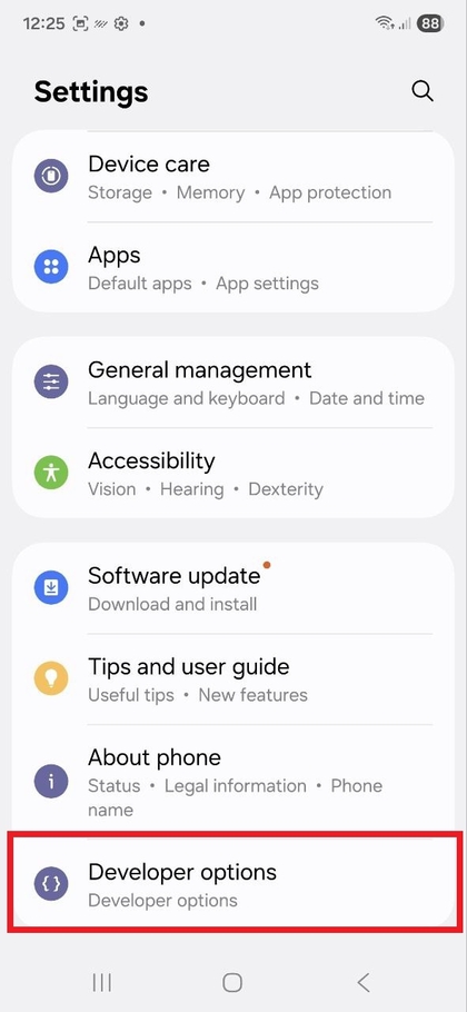 Menu de op&ccedil;&otilde;es de desenvolvedor no Samsung Galaxy S25 FE