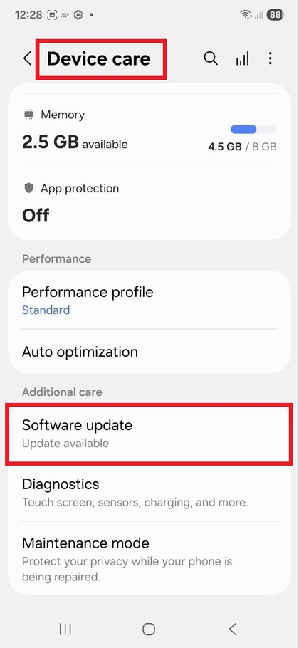 Menu de configura&ccedil;&otilde;es de atualiza&ccedil;&atilde;o de software no Samsung Galaxy S25 FE