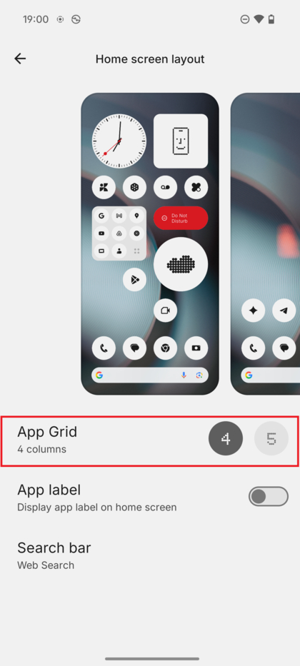 Postavke izgleda koje prikazuju birač Mreže aplikacija s vizualnim pregledom kako će izgledati manje ikone.