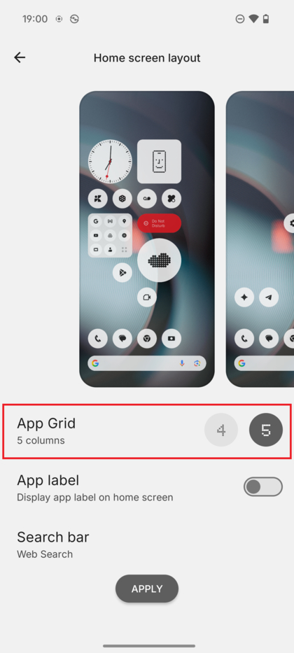 Postavke izgleda koje prikazuju birač Mreže aplikacija s vizualnim pregledom kako će izgledati veće ikone.