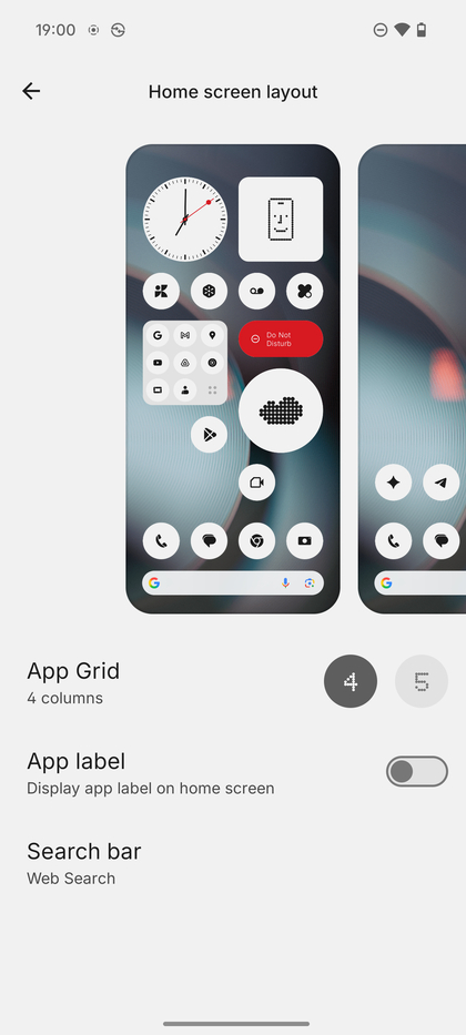 Zaslon postavki Izgleda koji prikazuje opcije Mreže aplikacija kao &scaron;to su 4x5 i 5x5.