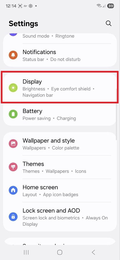 Navigasi ke Pengaturan Tampilan di Samsung Galaxy S25 FE