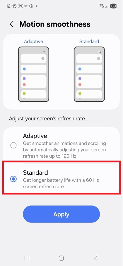 Pilih Kecepatan Refresh Standar di Samsung Galaxy S25 FE