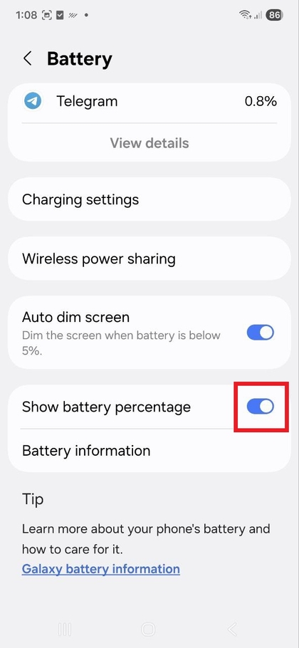Battery settings with show battery percentage toggle on Samsung Galaxy S25 FE