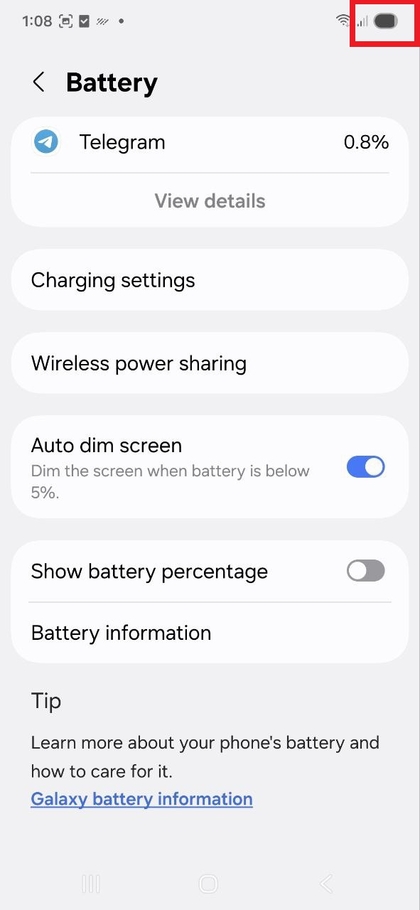 Samsung Galaxy S25 FE status bar without battery percentage