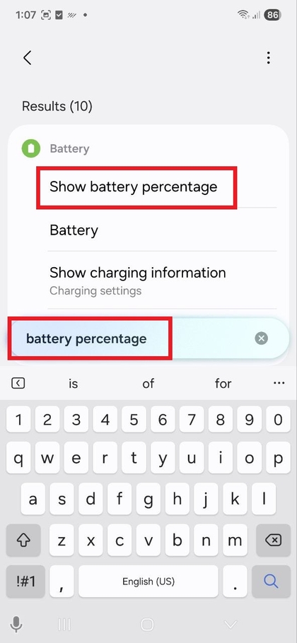 Search bar in Samsung Galaxy S25 FE settings with battery percentage search
