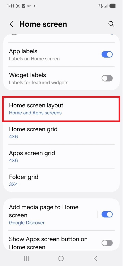 Op&ccedil;&otilde;es de layout da tela inicial no Samsung Galaxy S25 FE