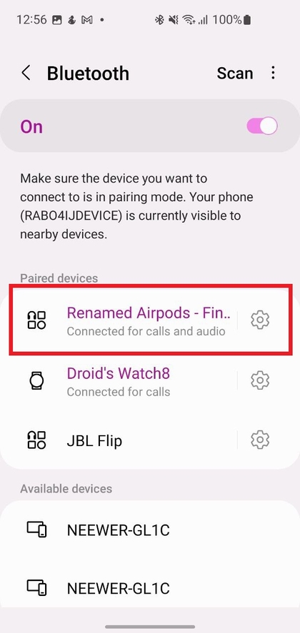 Android-enhed viser AirPods 4 p&aring; Bluetooth-enhedslisten