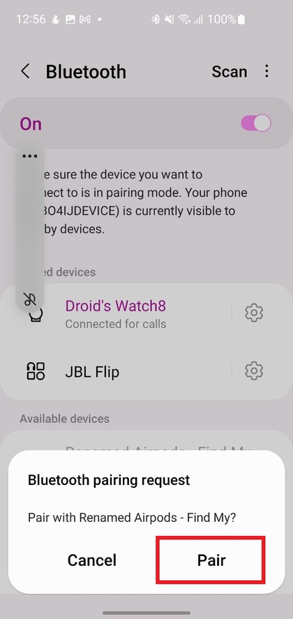 Android-enhed viser AirPods 4 p&aring; Bluetooth-enhedslisten