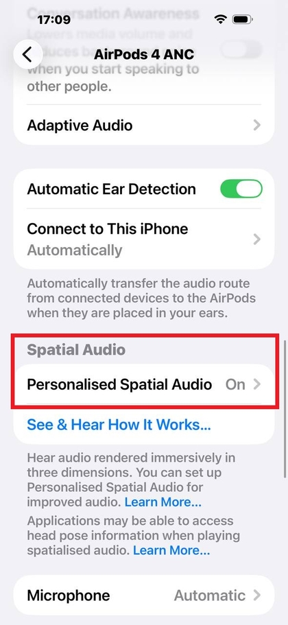 Ajustes de audio espacial de los Apple AirPods 4