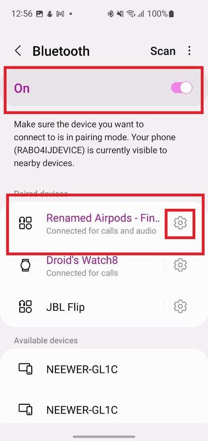 Ikona e ingranazhit pran&euml; Apple AirPods n&euml; cil&euml;simet Bluetooth