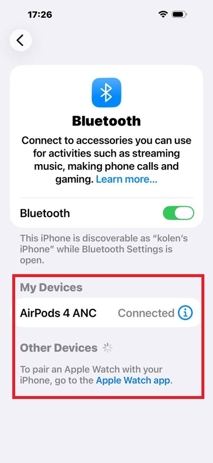 AirPods'id on loetletud Bluetoothi seadetes