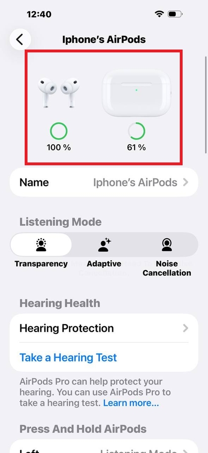 Nivo baterije AirPods prikazan v nastavitvah
