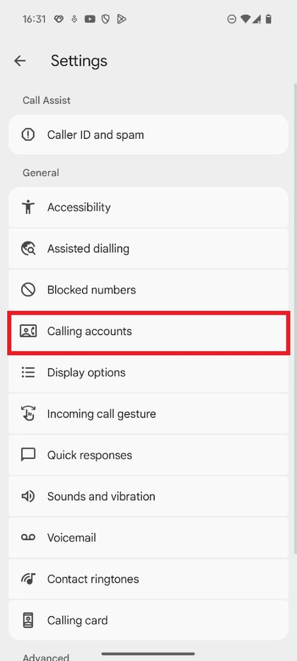 Captura de ecr&atilde; real&ccedil;ando a op&ccedil;&atilde;o 'Calling accounts' (Contas de chamada) nas defini&ccedil;&otilde;es.