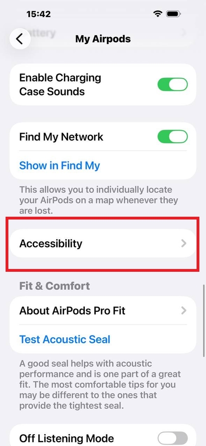 Tilg&aelig;ngelighedsmulighed i AirPods-menuen