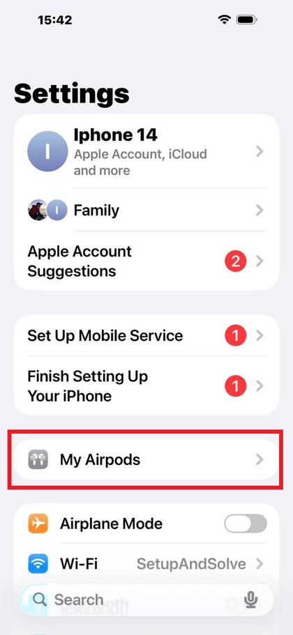 AirPods linje i indstillingsmenuen