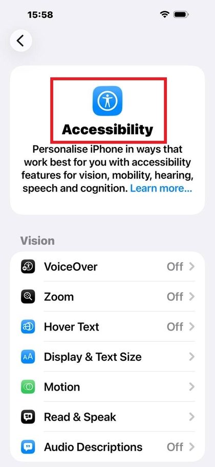 Menu utama Aksesibilitas iPhone