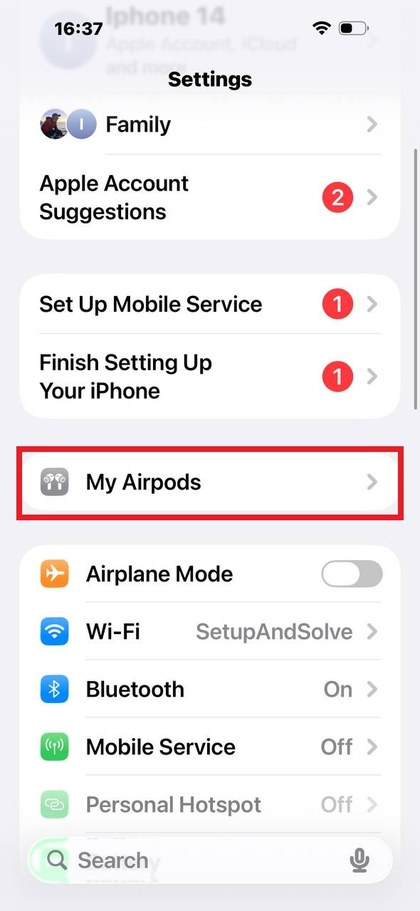 Men&uacute; de configuraci&oacute;n de AirPods Pro en iPhone