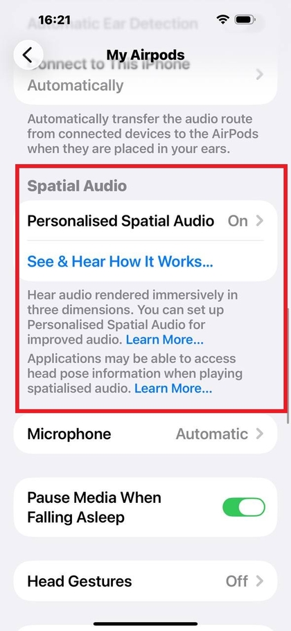 Configuraci&oacute;n de audio espacial de AirPods