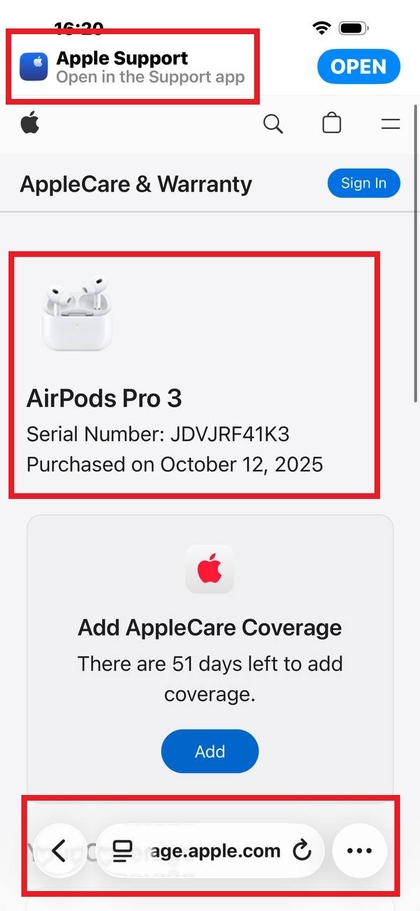 Sitio web de verificaci&oacute;n de cobertura de Apple para la entrada del n&uacute;mero de serie