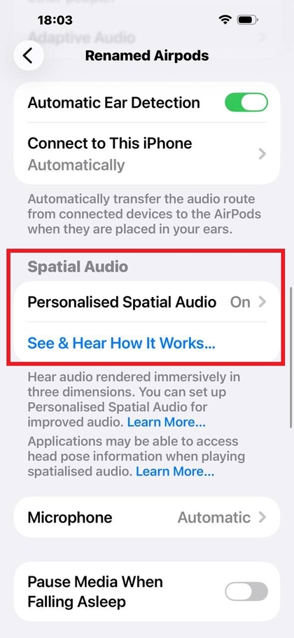 Pantalla de ajustes de Audio Espacial Personalizado