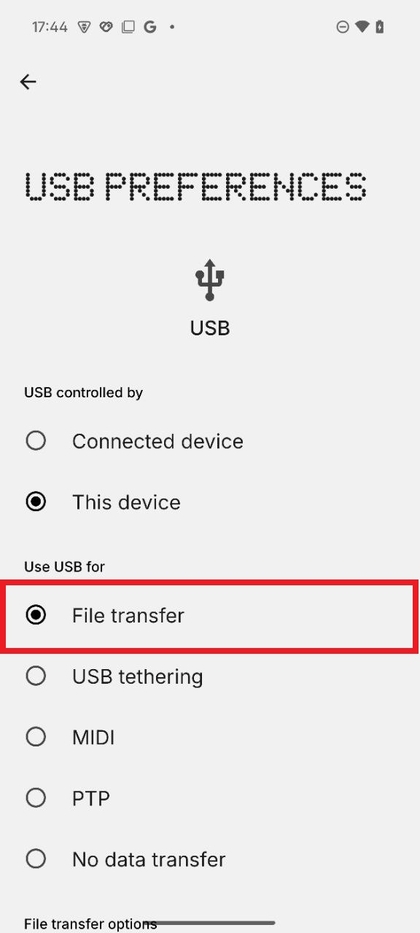Selecting File Transfer Option on Phone