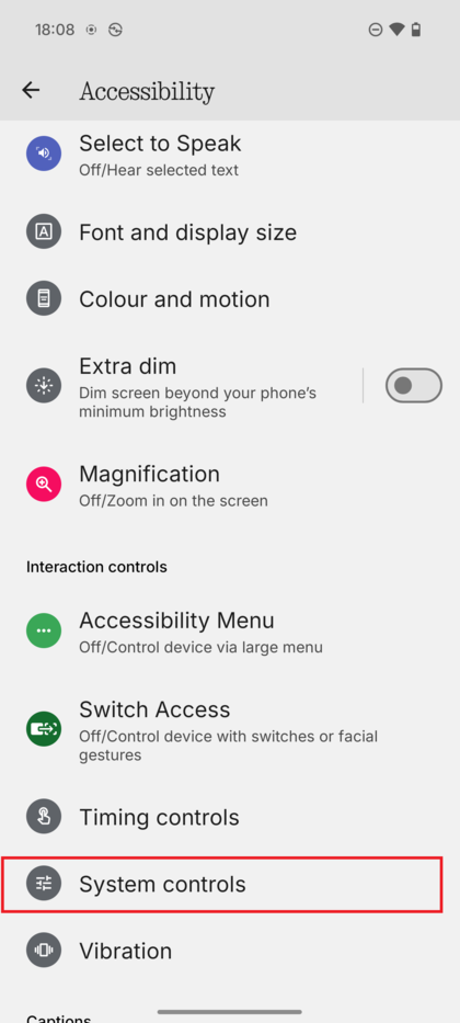 Screenshot des 'Accessibility' (Bedienungshilfen)-Men&uuml;s mit hervorgehobener 'System controls' (Systemsteuerung).