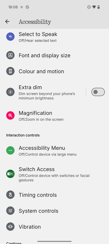 Screenshot des 'Accessibility' (Bedienungshilfen)-Men&uuml;s.