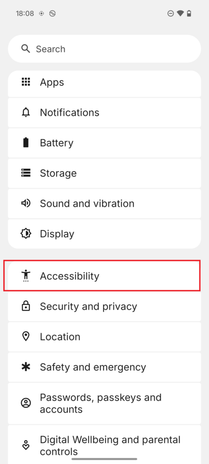 Screenshot des 'Settings' (Einstellungen)-Men&uuml;s des Nothing Phone (3) mit hervorgehobener 'Accessibility' (Bedienungshilfen).