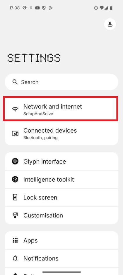 Screenshot of the Settings menu with 'Network & internet' highlighted.