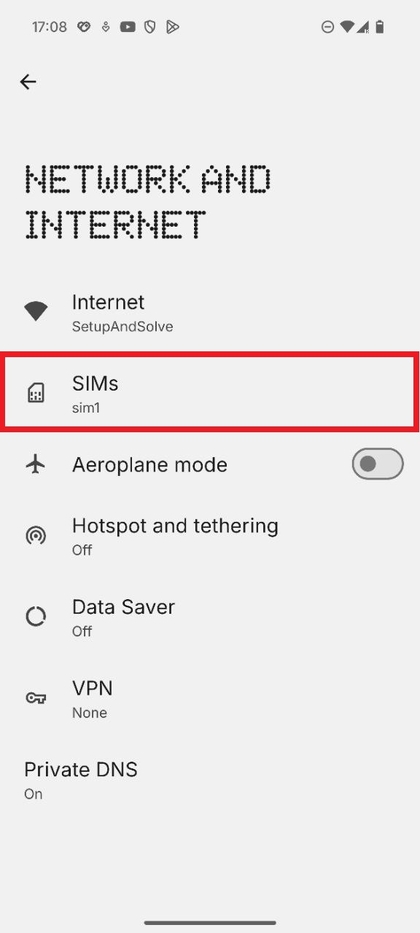 Screenshot showing the option to select the SIM card under network settings.